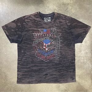 Affliction Freedom Defender Skull Graphic Tee Black Faded Grunge Y2K